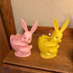 Vintage Easter Rosbro Pink and Yellow Bunny Rabbit Candy Containers
